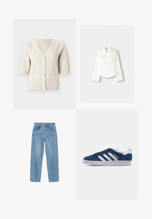 Knit cardigan in light beige, featuring a diamond texture, short puff sleeves, scalloped edges, and a row of pearl-like buttons.; White button-up shirt with long sleeves, featuring a classic collar, structured fit, and subtle vertical seams for added detail.; Light blue denim jeans with a straight cut, high waist, two front pockets, and a classic button closure. Subtle fading and no embellishments.; Navy suede sneakers with white leather accents, three white stripes, and gold "Gazelle" logo. Round rubber sole, low-top design.