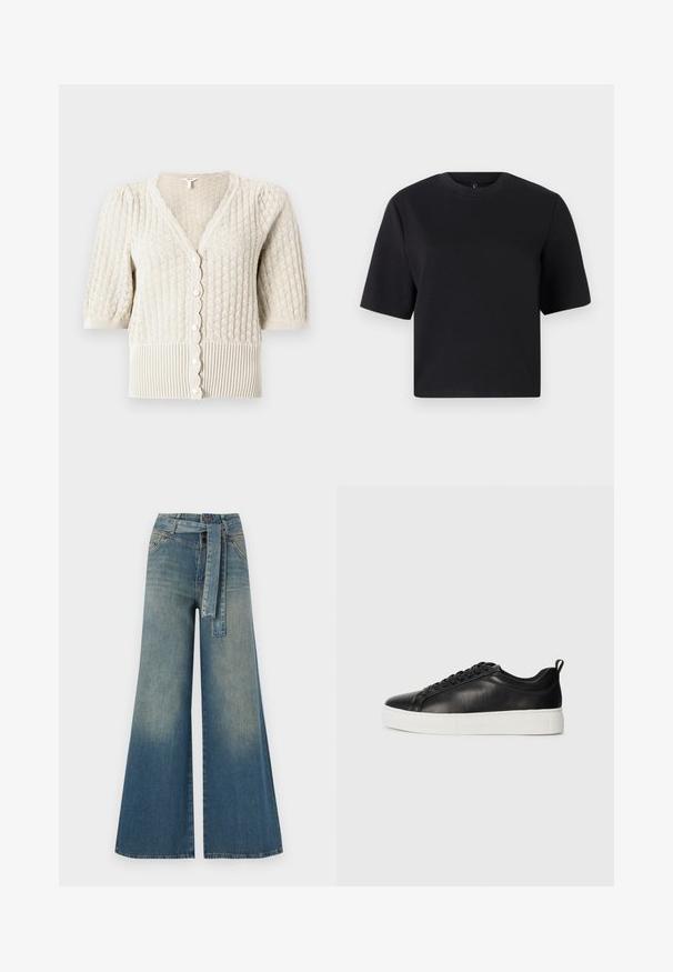 Knit cardigan in light beige, featuring a diamond texture, short puff sleeves, scalloped edges, and a row of pearl-like buttons.; Black short-sleeve t-shirt, round neckline, made from smooth cotton fabric; relaxed fit, minimal design, no visible patterns or accents.; Wide-leg denim trousers featuring a light to dark blue gradient, high waist, belt loops, and a matching fabric belt. Textured denim finish.; Black leather sneaker with a smooth finish, white rubber sole, round toe, and lace-up design. Features a pull tab at the heel.