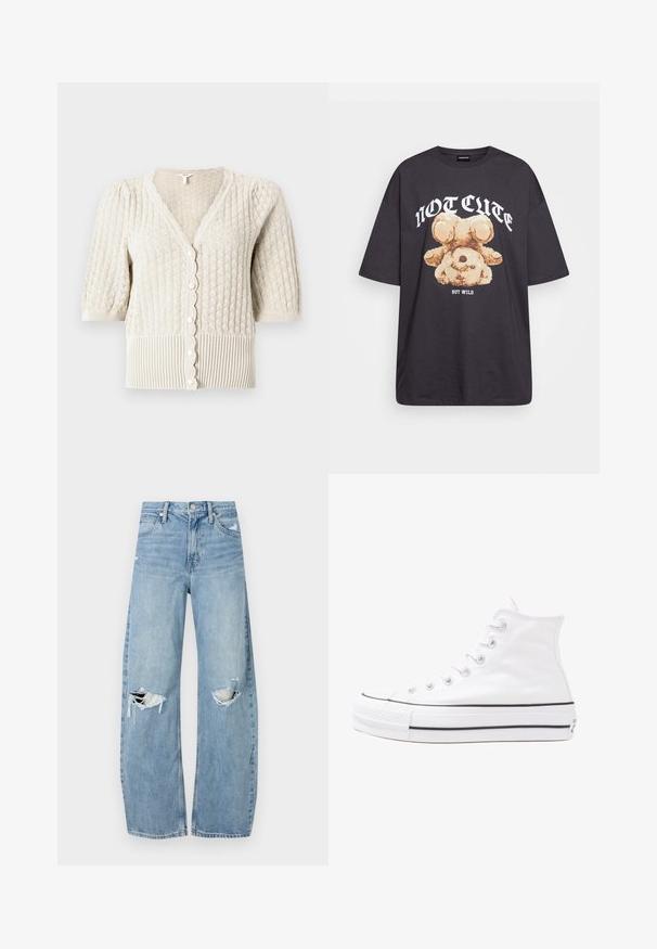 Knit cardigan in light beige, featuring a diamond texture, short puff sleeves, scalloped edges, and a row of pearl-like buttons.; Black oversized t-shirt featuring a graphic of a bear with the text “NOT CUTE BUT WILD” in bold, white lettering. Cotton material.; Light blue, high-waisted jeans made of denim. Feature wide legs, two torn knee areas, and classic five-pocket styling.; White high-top canvas sneaker with black rubber sole, front rubber toe cap, and six eyelets for laces, featuring a clean, minimalist design.