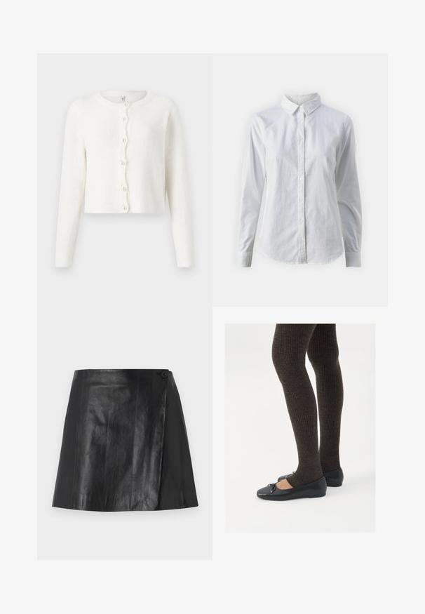 Balta kardigāna, kas izgatavota no mīkstas, strukturētas auduma. Tam ir apaļa kakla izgriezums, garas piedurknes un seši pērļu formas pogas priekšpusē.; Balta pogājamā krekla augšdaļa, izgatavota no gluda kokvilnas, ar klasisku apkakli, garām piedurknēm un izliekto apakšmalu. Pogas ir mazas un baltas.; Melnā mākslīgā ādas mini svārku ar apņemšanas priekšpusi, kas fiksēta ar pogu labajā pusē, gluda tekstūra un neliels spīdums.; Melnas plakano formas kurpes ar mazu loku uz pirksta, apvienotas ar tumši brūnām ribotām zeķubiksēm. Kurpēm ir gluda tekstūra un zems profils.