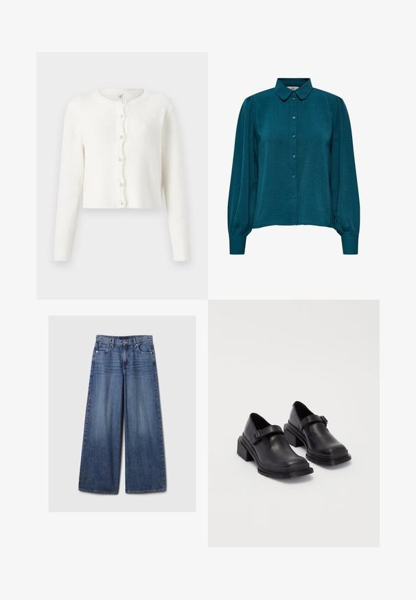 Cardigan branco feito de um tecido macio e texturado. Apresenta um decote redondo, mangas longas e seis botões em forma de pérola na frente.; Blusa verde-água com decote de colarinho, frente com botões e mangas longas. Feita de tecido texturizado com punhos franzidos.; Calças de ganga azul de perna larga com um acabamento desbotado, apresentando um fecho de botão e zipper, cinco bolsos e passantes para cinto.; Sapatos de couro pretos com um bico redondo, sola plana e uma fita com detalhe de fivela. Salto bloco robusto para maior estabilidade.