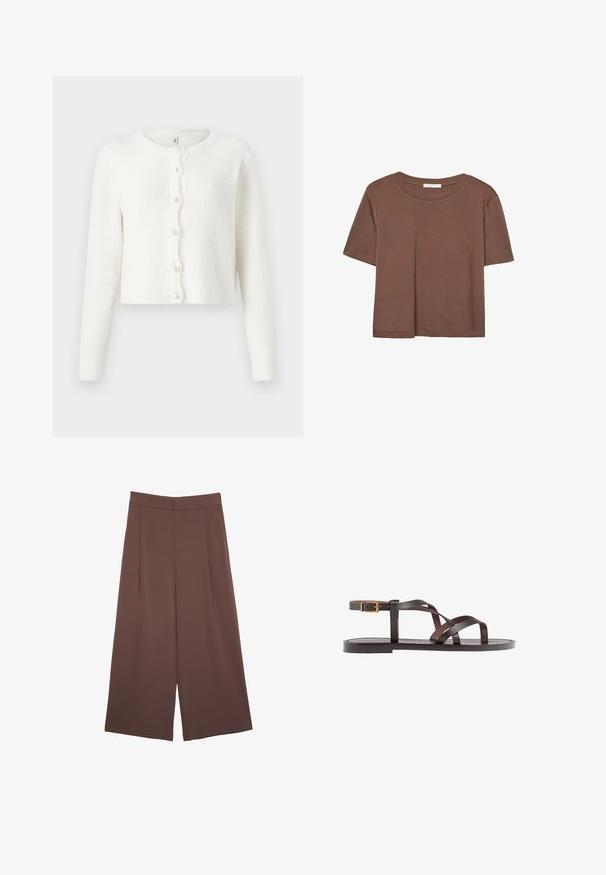 Cardigan bianco realizzato in un morbido tessuto testurizzato. Presenta un colletto rotondo, maniche lunghe e sei bottoni simili a perle lungo la parte anteriore.; Maglietta a maniche corte marrone realizzata in tessuto morbido, con scollatura rotonda e vestibilità rilassata. Nessun motivo o dettaglio visibile.; Pantaloni ampi marroni con una texture liscia, caratterizzati da una vita alta e pieghe frontali. Il tessuto è leggero e scorre liberamente.; Sandal in pelle marrone con cinturini incrociati, chiusura con cinturino alla caviglia e suola piatta con dettagli di cucitura minimi.