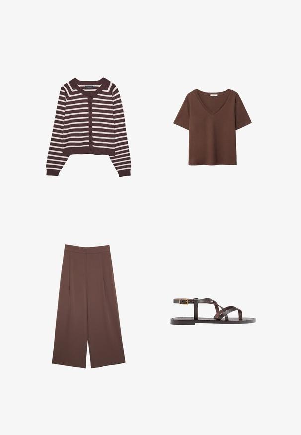 Rjav in smetanast prugast kardigan, skrajšan design, z okroglim izrezom in šestimi sprednjimi gumbi, z rebrastimi manšetami in robom.; Rjava bombažna majica s kratkimi rokavi in globokim V-izrezom. Preprost dizajn, mehak material in raven rob. Brez vzorcev ali dekorativnih elementov.; Rjave široke hlače z gladko teksturo, ki imajo visok pas in sprednje naborke. Tkanina je lahka in prosto pada.; Rjav usnjen sandal z načinom prečnega črta, zaklepom okoli gležnja in ravnim podplatom z minimalnimi šivi.