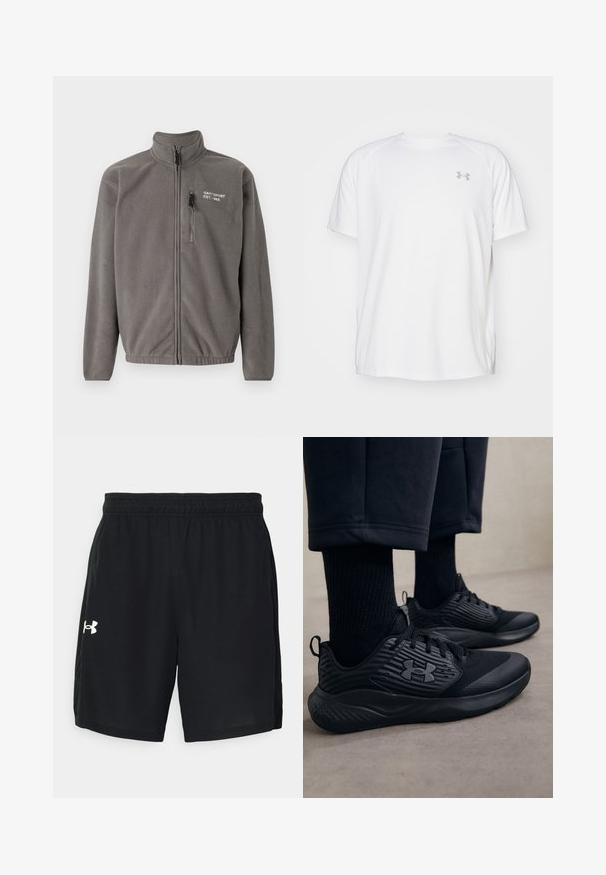 Szara polarowa kurtka z wysokim kołnierzem, zamek błyskawiczny z przodu i kieszeniami po bokach. Teksturowana powierzchnia, minimalistyczny design, z małym logo na klatce piersiowej.; Biała, krótko rękawowa koszulka sportowa wykonana z gładkiego materiału. Posiada okrągły dekolt oraz szare logo po lewej stronie klatki piersiowej, z bocznymi rozcięciami u dołu.; Czarne sportowe szorty z lekkiego materiału, z elastycznym pasem w talii i białym logo po lewej stronie.; Osoba w czarnych sportowych trampkach z teksturowanymi bokami i logo, w połączeniu z czarnymi skarpetkami i ściętymi spodniami na jasnej podłodze.