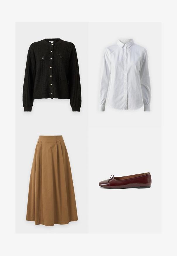 Čierny pletený kardigán s okrúhlym výstrihom, dlhými rukávmi a zlatými gombíkmi po celej prednej strane. Textúrovaný úplet.; Biela košeľa s gombíkmi vyrobená z hladkej bavlny, s klasickým golierom, dlhými rukávmi a zakriveným lemom. Gombíky sú malé a biele.; Hnedá bavlnená sukňa A-línie s vysokým pásom, so skladmi vpredu a hladkou textúrou. Hranice sú čisté a jednoduché.; Burgundské lakované balerínky s okrúhlou špičkou, malou mašľou na prednej strane a nízkou čiernou gumovou podrážkou. Hladký povrch.
