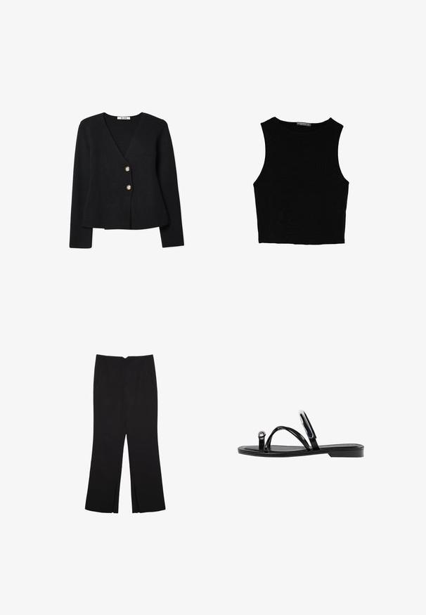 Čierny pletený kardigán s výstrihom do V, s dvoma zlatými gombíkmi a mierne rozšíreným lemom. Mäkká textura a dlhé rukávy.; Čierny bezrukávový crop top vyrobený z hladkej tkaniny, so zaobleným výstrihom a čistým, jednoduchým dizajnom bez vzorov alebo kovania.; Čierne nohavice so strihom rovného strihu, s prednými vreckami a bočnými rozparkami na leme. Vyrobené z mäkkej, hladkej tkaniny. Vhodné na rôzne príležitosti.; Čierne ploché sandále s lesklým povrchom, tromi tenkými popruhmi a okrúhlou kovovou ozdobou na prste. Elegantný dizajn s minimálnym podpätkom.