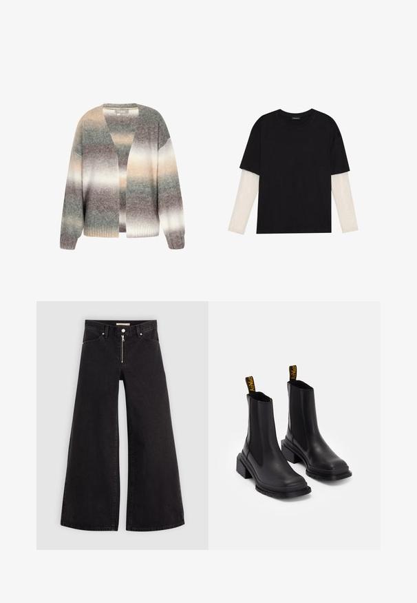 Yli suuri neulecardigan pehmeästä neuloksesta, jossa on harmaan, beige ja kerma sävyjen kirjavan kuvion, avoin etuosa ja joustavat hihansuut.; Mustapaita, joka on valmistettu puuvillasta ja jossa on lyhyet hihat valkoisen pitkähihasen kerroksen päällä, jossa on hienovarainen teksturoitu kuvio. Pyöreä kaula-aukko.; Mustat leveälahkeiset farkut, joissa on vetoketjufrunti, viisi-taskuinen muotoilu ja hienovaraiset ompelusyyt. Sileä pinta ja rento tyyli.; Mustat nilkkurit, jotka on valmistettu sileästä nahasta ja joissa on joustavat sivupaneelit, neliönmuotoinen kärki ja paksut korot. Varustettu keltaisilla merkkivedinsarvilla.