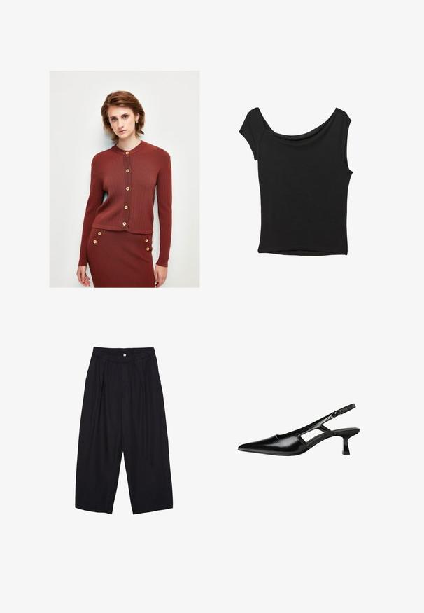 Ribbed, rdzawe kardigany z długimi rękawami, okrągłym dekoltem i drewnianymi guzikami z przodu. Miękka tekstura, dopasowany krój.; Czarna bluzka z krótkim rękawem, wykonana z gładkiego materiału; posiada dekolt w stylu drapowanym oraz asymetryczny dół, z dopasowanym krojem.; Czarne spodnie culotte z poliestru z elastycznym pasem, dwoma fałdami z przodu i luźnym krojem. Brak widocznych wzorów lub elementów metalowych.; Czarne lakierowane czółenka na odkrytej pięcie z wąskim noskiem, z wykrojem po bokach i małym kwadratowym obcasem. Gładka faktura z minimalnymi akcentami.
