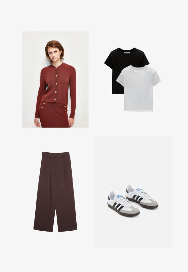 Cardigan a costine color ruggine, con maniche lunghe, scollatura rotonda e bottoni in legno sul davanti. Texture morbida, design aderente.; Due magliette a girocollo, in nero e bianco, realizzate in cotone. Presentano maniche corte e un design a tinta unita, senza fantasie né accenti.; Stradivarius WIDE-LEG WITH BUCKLE DETAIL - Pantaloni - dark brown; Scarpe sportive con tomaia in pelle bianca, punta in suede grigia e tre strisce nere. Presentano un logo blu sulla linguetta e una suola in gomma testurizzata.