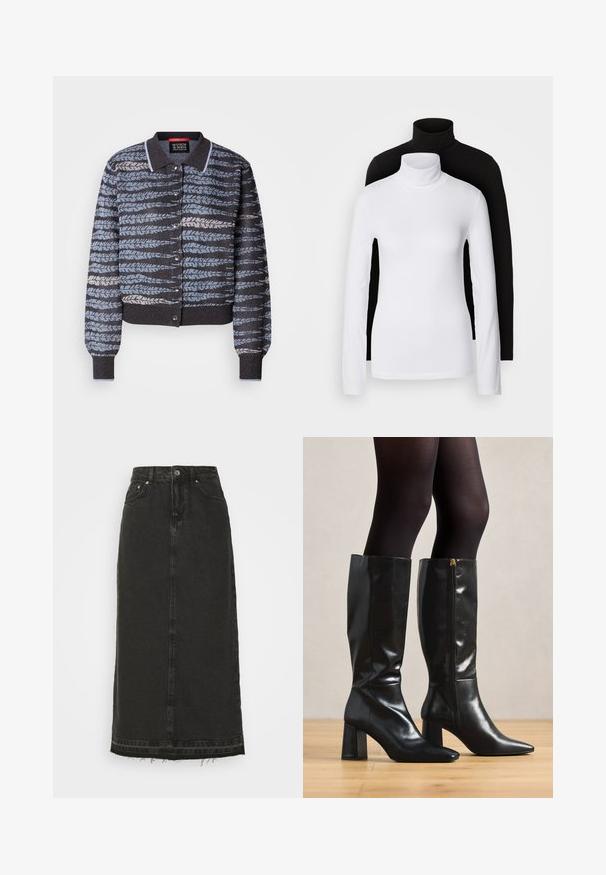 Kootud jakk kraega, millel on helesiniste ja tumesiniste lehekujunditega muster, nööbiliistu klõpsknööbid ja soonikkoes varrukate ning alumise osa äär.; Kaks pikka varrukat turtleneck tippi, üks valge ja teine must, valmistatud siledast, venivast kangast, mõlemad slim-fit disainiga ja kõrgete kraedega.; Musträpitud must denim midi seelik, millel on liibuv vöökoht, esiantiknapid ja rebitud ääred. Omab klassikalist viit taskut ja kerget tekstuuri.; Põlvekõrgused mustad nahast saapad läikiva viimistlusega, terava toe ja paksu kontsaga. Küljel lukuga detail mugavaks selga panemiseks.