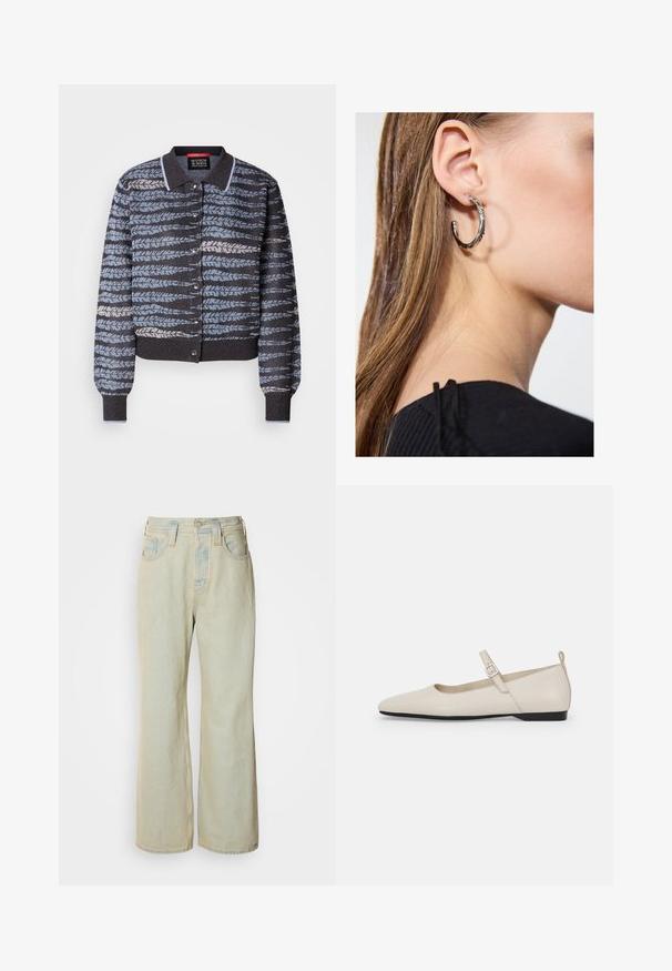 Veste en tricot avec un col, ornée d'un motif de feuilles bleu clair et bleu foncé, avec des boutons-pression et des poignets et un ourlet côtelés.; Débardeur noir en tissu doux et extensible. Il dispose d'un col rond et de larges bretelles, avec une silhouette ajustée et une texture lisse.; Jean large bleu clair en denim, avec une taille haute, cinq poches, et un léger délavage avec des accents de couture contrastante.; Ballerines blanches en cuir avec un bout pointu, une boucle sur le côté et un petit talon noir. Texture lisse et design minimaliste.; Boucle d'oreille en argent avec une finition polie, présentant de petits détails en or et de forme ronde, portée sur le lobe.