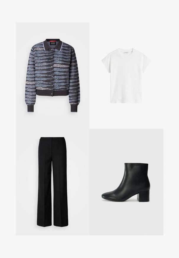 Knit jacket with a collar, featuring a pattern of light and dark blue leaf-like designs, snap buttons, and ribbed cuffs and hem.; White short-sleeve t-shirt made of cotton. Features a relaxed fit with a crew neckline and slightly dropped shoulder seams. No patterns or accents.; Black wide-leg trousers with a smooth fabric, featuring a high waist, tailored seams, and a minimalist design. No visible hardware or pockets.; Black leather ankle boots with a pointed toe and a chunky heel. Smooth texture with minimal accents and a sleek, fitted design.