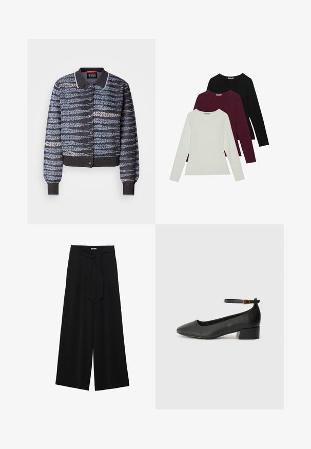 Giacca a maglia con colletto, caratterizzata da un motivo di foglie blu chiare e scure, bottoni a pressione e polsini e orlo a costine.; T-shirt a maniche lunghe in bianco, bordeaux e nero. Realizzate in tessuto morbido con scollatura rotonda e design aderente. Adatte per essere indossate a strati.; Pantaloni neri a gamba larga caratterizzati da un tessuto testurizzato, una vita elastica e una cintura staccabile per una vestibilità regolabile.; Pump in pelle nera con punta affusolata e tacco basso a blocco. Presenta una cinghia alla caviglia con una fibbia in tonalità oro. Texture liscia.