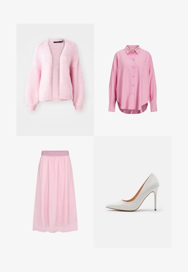 Vero Moda VMMAYBE LS OPEN NOOS - Strickjacke - parfait pink; Hellrosa Hemd mit Knopfverschluss, mit Kragen, langen Ärmeln, einer einzelnen Brusttasche und einem leicht gebogenen Saum. Der Stoff scheint weich zu sein.; Rosa Tüllrock mit einem weichen, durchsichtigen Design. Mit einem elastischen Bund und fließender Silhouette, die einen geschichteten Effekt erzeugt.; Weiße Lackleder-Pumps mit hohen Absätzen, einer spitzen Zehenpartie und einem schlanken Stiletto-Absatz, die eine glatte Textur und ein beiges Innenleben aufweisen.