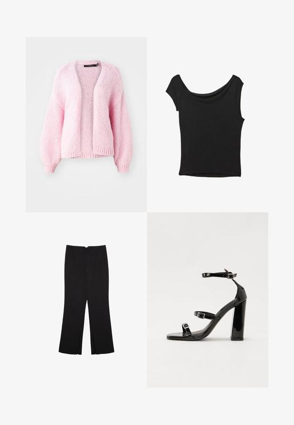Vero Moda VMMAYBE LS OPEN NOOS - Strickjacke - parfait pink; Schwarzes Kurzarmoberteil aus glattem Stoff; hat einen drapierten Ausschnitt und einen asymmetrischen Saum, mit einem figurbetonten Körper.; Schwarze Hose mit geradem Schnitt, ausgestattet mit Fronttaschen und Seitenschlitzen am Saum. Hergestellt aus weichem, glattem Stoff. Geeignet für verschiedene Anlässe.; Schwarze patentierte Sandalen mit Absatz, quadratischer Spitze, Knöchelriemen und silbernen Schnallen. Mit einem stabilen Blockabsatz für mehr Stabilität.