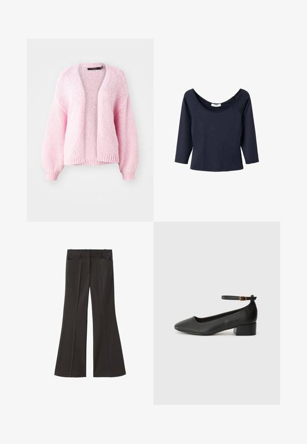 Vero Moda VMMAYBE OPEN CARDIGAN - Jopica - parfait pink; Mornarsko modra majica s 3/4 rokavi in širokim izrezom, izdelana iz mehkega blaga. Ima raglan rokave in ravno rob.; Črne razširjene hlače z visokim pasom; vključujejo dva sprednja žepa in gladko teksturo tkanine. Primerne za različne priložnosti.; Črne usnjene pumpice z nazobčanimi prsti in nizko blokasto peto. Imajo trak okoli gležnja z zaponko v zlatem tonu. Gladka tekstura.