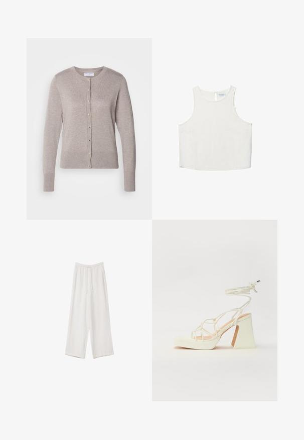 Lindex ANNA - Kardigán - light brown melange; Biele bezrukávové tričko s okrúhlym výstrihom, ktoré má jemnú textúru, detail s kľúčovou dierkou na chrbte a rovný lem.; Biele široké nohavice vyrobené z ľahkej tkaniny. Obsahujú elastický pás so sťahovacou šnúrkou a bočné vrecká. Hladká textúra.; Biele sandále na vysokom opätku s hrubým podpätkom, s pruhovaným dizajnom a viazaním na členku. Hladký povrch s platformou vpredu pre zvýšenú výšku.