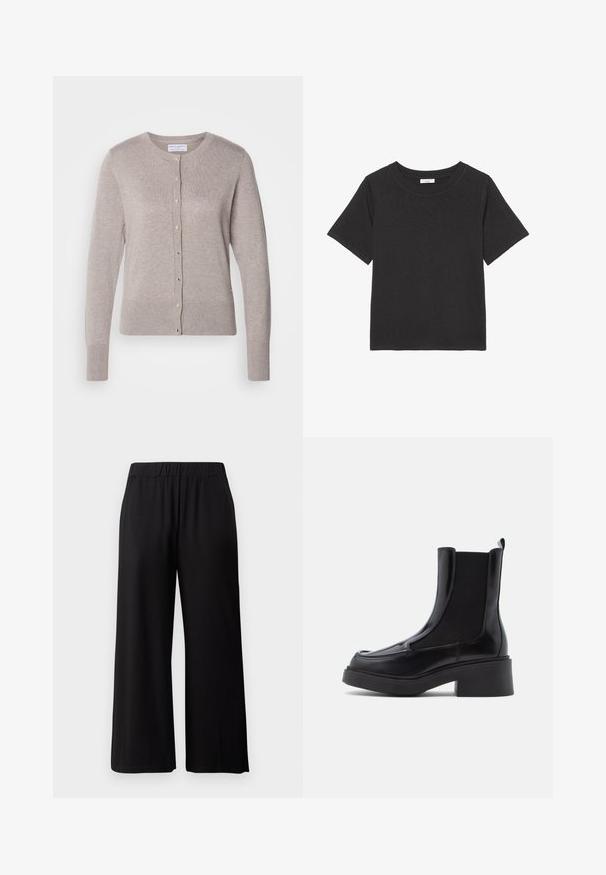 Lindex ANNA - Kardiganas - light brown melange; Juodas tinkamas marškinėliai, pagaminti iš minkštos medžiagos, su apykakle ir trumpomis rankovėmis. Dizainas paprastas, be matomų raštų ar akcentų.; Juodi plati kojų kelnės, pagamintos iš minkštos, tampraus audinio. Yra elastinga juostos linija ir glotni tekstūra, tinkama kasdieniam dėvėjimui.; Juodi Chelsea batai su storu kulnu, turintys blizgų odos viršutinį sluoksnį ir elastines šonines paneles, leidžiančias lengvai užsidėti. Tvirtas guminis padas.