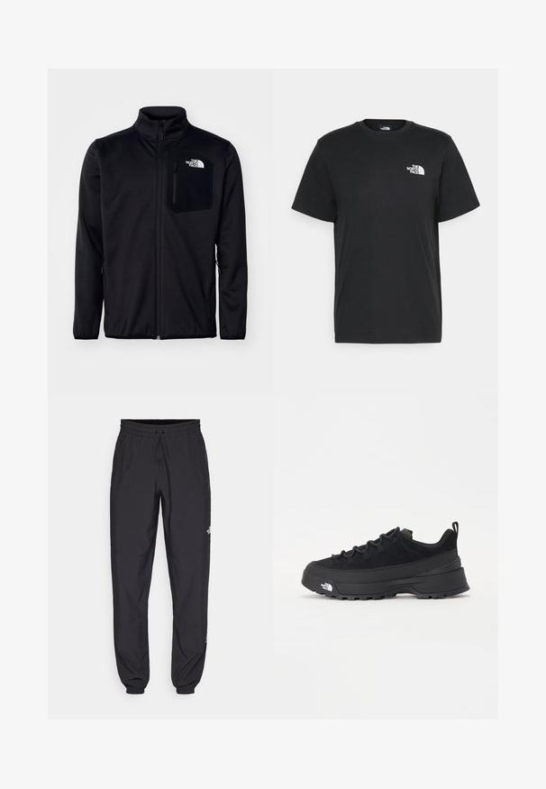 Svart zip-jacka med hög krage, texturerat tyg, sidofickor och en bröstficka med logotyp. Slät finish och lättviktig design.; Svart bomull t-shirt med kort ärm, rund halsringning och en liten vit logga på vänster bröst. Enkelt design, mjuk textur och avslappnad passform.; Svarta träningsbyxor tillverkade av lättviktsmaterial, med dragsko i midjan, sidofickor och avsmalnande muddar vid anklarna.; Svart utomhussko med ovandel i mocka, texturerad gummisula och robust snörningssystem. Har en förstärkt häl och varumärkeslogotyp på sidan.