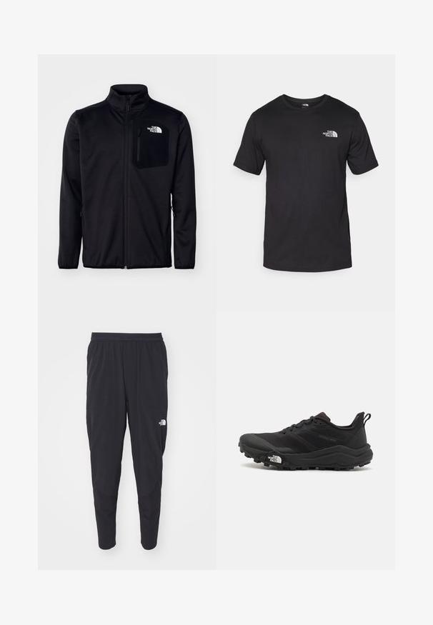 Črna zip-up jakna z visokim ovratnikom, teksturirano tkanino, stranskimi žepi in prsno žepom z logotipom. Gladka površina in lahka zasnova.; Črna kratko sleeved majica iz bombaža, s krožnim izrezom in majhnim belim logotipom na zgornjem levem delu prsnega koša.; Črne športne hlače z elastiko v pasu, z ozkimi nogavicami in stranskimi žepi. Imajo diskreten logotip na stegnu. Gladka tekstura.; Črne tekaške čevlje za trail s teksturirano zgornjega dela, gumijastim podplatom in ojačanim zaključkom prstov. Vključuje oblazinjen ovratnik in zanko za enostavno obuvanje.