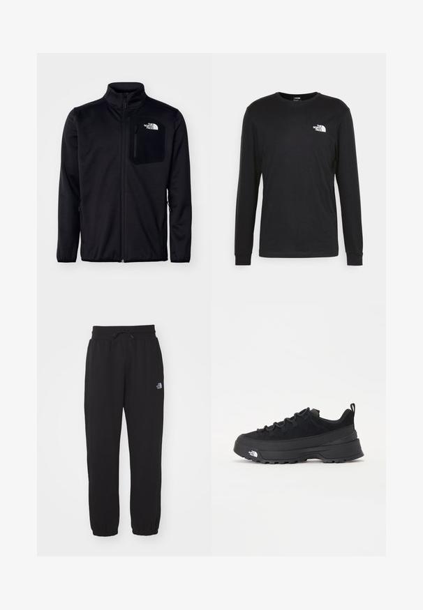 Jachetă neagră cu fermoar, având guler înalt, țesătură texturată, buzunare laterale și un buzunar pe piept cu logo. Finisaj neted și design ușor.; Tricou negru cu mânecă lungă din bumbac, având un logo alb pe partea stângă a pieptului și mansete cu țesătură fină. Textură netedă cu decolteu rotund.; Pantaloni de trening negri dintr-un material moale, cu talie elastică și șnur, cu glezne strânse și un logo mic pe coapsa superioară.; Tenisi de exterior negri cu superior din daim, talpă din cauciuc texturat și sistem de șireturi solid. Prezintă un călcâi întărit și un logo al mărcii pe lateral.