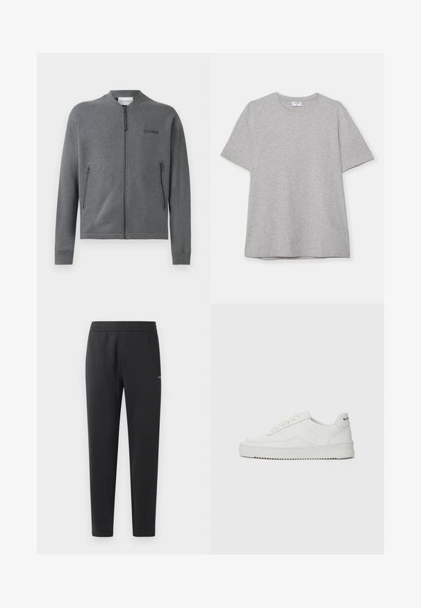 Pilkas zip-up džemperis, pagamintas iš minkštos medžiagos, su raštuotais rankogaliais ir dviem šoninėmis užtrauktukų kišenėmis. Logo "CLOSED" kairėje krūtinės pusėje.; Pilkas trumpas rankovėmis marškinėliai, pagaminti iš minkštos, tekstūruotos medžiagos. Turi klasikinį apvalų kaklą ir tiesų apatinį kraštą, tinkamą kasdieniam dėvėjimui.; Juodos sportinės kelnės, pagamintos iš minkštos medžiagos, su elastinga juosmeniu, tiesiomis kojomis ir nedideliu logotipo akcentu šone.; Balti odiniai sportiniai bateliai su lygia apdaila, apvaliu pirštu, plokščiais raišteliais ir tekstūruotu padu. Pasižymi subtiliu logotipu ant kulno.