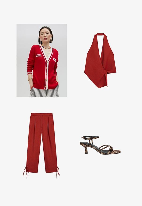 Röd ribbad cardigan med vit kant och två små framfickor, prydd med guldknappar och V-ringning. Randiga byxor syns nedanför.; Röd linneinpackning med en djup V-halsdesign. Lätt, texturerad tyg som hänger asymmetriskt, med en rå kantfinish.; Röda vida byxor med elastisk midja och dragsnören vid fållarna, tillverkade av lättviktsmaterial.; Sandaler med klack i leopardmönster och fyrkantig tå, flera remmar och medelhög klack. Tillverkade av mjukt textilmaterial.