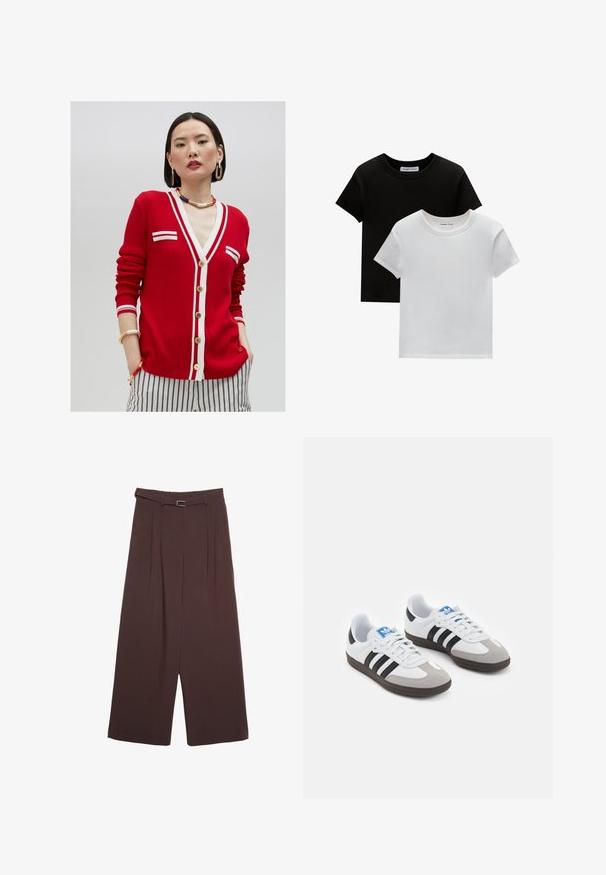 Cardigan rosso a costine con rifiniture bianche e due piccole tasche frontali, caratterizzato da bottoni dorati e scollatura a V. Pantaloni a righe visibili sotto.; Due magliette a girocollo, in nero e bianco, realizzate in cotone. Presentano maniche corte e un design a tinta unita, senza fantasie né accenti.; Stradivarius WIDE-LEG WITH BUCKLE DETAIL  - Pantaloni - dark brown; Scarpe sportive con tomaia in pelle bianca, punta in suede grigia e tre strisce nere. Presentano un logo blu sulla linguetta e una suola in gomma testurizzata.