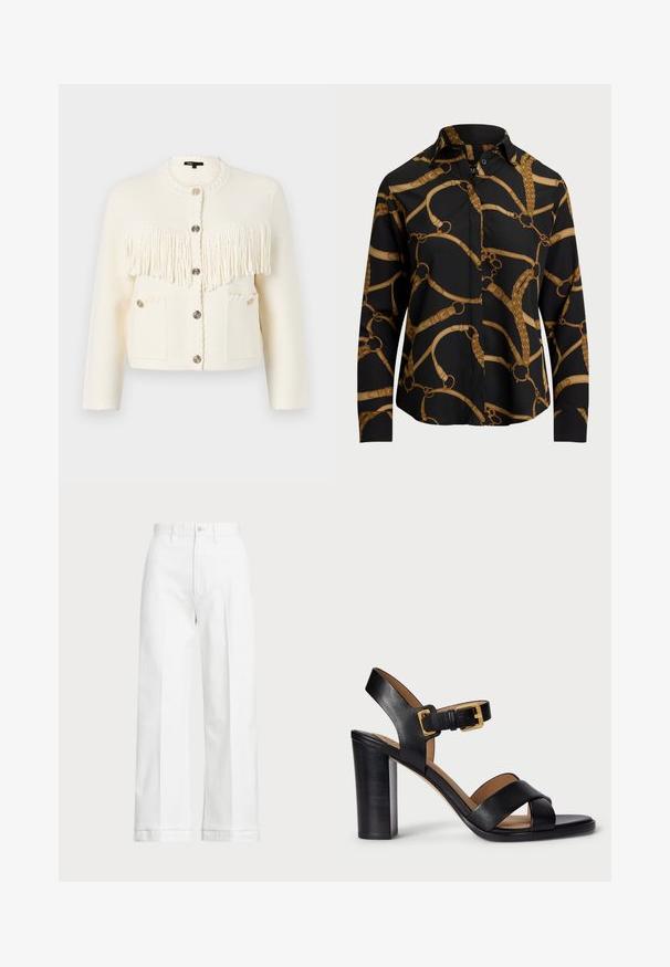 Bijela pletiva kardigan s reljefnim resicama, okruglim izrezom, pet dugmadi i dva prednja džepa s dekorativnim šavovima.; Dug praktična crna košulja dugih rukava s uzorkom zlatnog lanca, koja ima ovratnik i kopčanje na dugmad. Glatka tkanina s ležernim krojem.; Bijele široke hlače s visokim strukom, s kopčanjem na dugme i suptilnim detaljima šivanja. Izrađene su od pamuka s glatkom teksturom.; Crne kožne sandale s potpeticom s dizajnom s križanjem trakama i kopčanjem. Imaju debelu potpeticu i glatku teksturu.