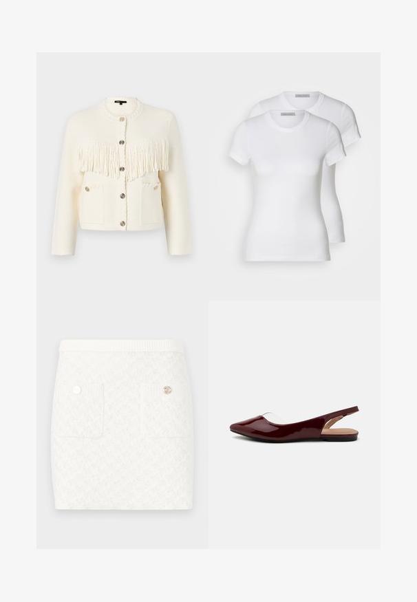 Biały dziergany kardigan z teksturowanym wykończeniem frędzlami, okrągłym dekoltem, pięcioma guzikami oraz dwoma przednimi kieszeniami z dekoracyjnym haftem.; Dwie białe bawełniane koszulki z krótkim rękawem, okrągłym dekoltem i dopasowanym krojem, o gładkiej strukturze i minimalistycznym wzornictwie.; Krótka biała spódnica z teksturowanym wzorem, z dwoma przednimi kieszeniami i dekoracyjnymi guzikami w złotym kolorze. Elastyczny pas dla wygody.; Burgundowe lakierowane baleriny typu slingback z ostrym noskiem, przezroczystym wycięciem i czarną płaską podeszwą. Gładka tekstura, minimalistyczny design.