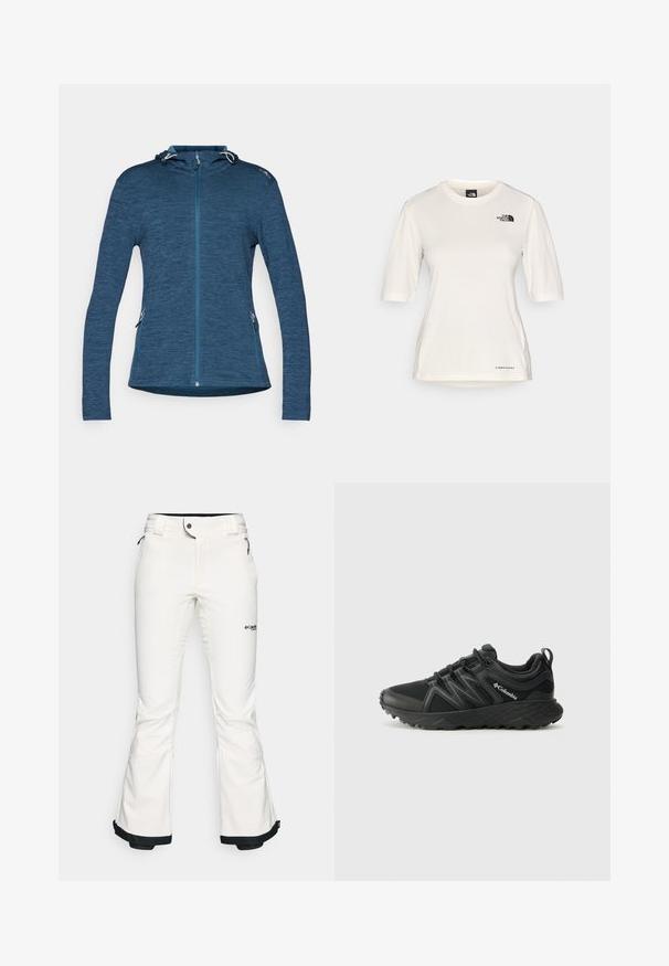 Plava zip-up dukserica s teksturiranim završetkom, podesivom kapuljačom i dva bočna zip džepa. Ima kontrastne plave detalje na zipu.; The North Face SHADOW SHORT SLEEVE - Sportska majica - white dune; Bijele skijaške hlače izrađene od mekog, fleksibilnog materijala. Imaju uski struk, široke ispružene nogavice i crne obrube na manžetama. Vidljiv brend logo.; Columbia PEAKFREAK - Obuća za pješačenje - black