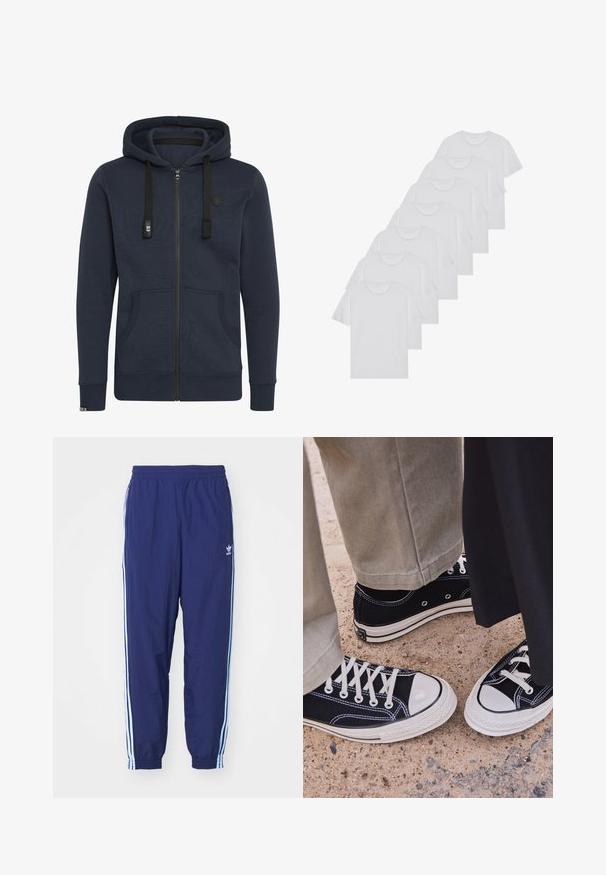 Tumša jūrmalas krāsas kapuci zipa džemperis, izgatavots no mīksta auduma; tam ir kapuce, stingri auklas, divas priekšējās kabatas un ribotās piedurknes.; Baltie kokvilnas T-krekli, īsas piedurknes, apaļas izgriezuma dizains, vienkārša tekstūra, sakrauti rindā, ar smalku zīmolu pie kakla izgriezuma.; Tumši zili sporta bikses ar elastīgu jostasvietu, sānu kabatām un gaiši ziliem svītrainiem sānos; izgatavotas no viegla auduma.; Melni kanvas sporta apavi ar baltām gumijas pirkstgaliem un auklēm. Kontrastējoša dūkošana un metāla acu caurumi piešķir akcentus. Valkāti ar beidžu krāsas biksēm un melnu audumu.