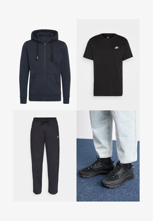 Zip-up hoodie in dark navy, made of soft fabric; features a hood, drawstrings, two front pockets, and ribbed cuffs.; Black cotton T-shirt with short sleeves, round neck, and a small white Nike logo on the upper left chest. Smooth texture. Classic fit.; Black sweatpants made of soft fabric with an elastic waistband, drawstring, and a small Nike logo on the left thigh.; Black athletic shoes with textured fabric and rubber soles, featuring elastic laces and a blue accent on the heel. Worn with light denim pants.