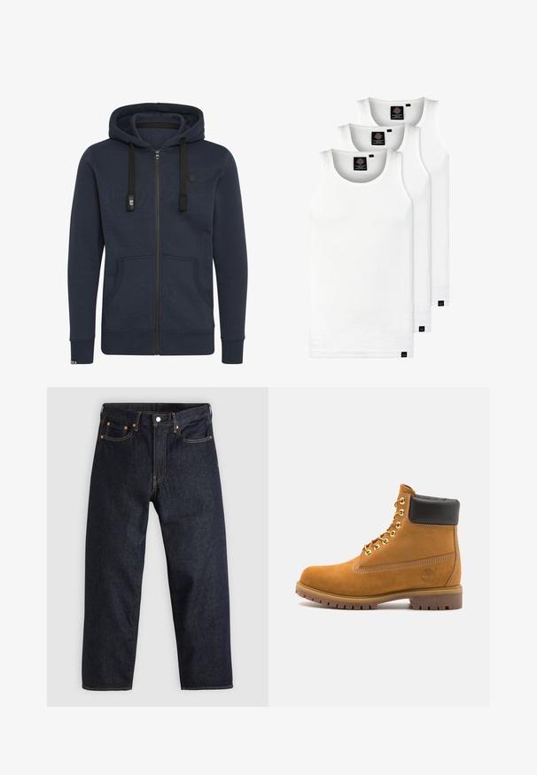 Tumedas tumes sinises kapuutsiga fliisjakis, mis on valmistatud pehmest kangast; sisaldab kapuutsi, nööre, kahte esi-taskut ja soonikuid käiste otsas.; Kolm valget ribaga t-särki, mis on valmistatud puuvillast. Omavad ümmargust kaelanõhku ja väikseid musti silte hemme lähedal. Saadaval erinevates suurustes.; Tumedad sinised teksad sirge lõikega, viie taskuga, kontrastsete oranžide õmblustega ja nööpide kinnitusega. Ilma nähtavate mustrite või kaunistusteta.; Küpset tan suede sääreboot musta pehmea kraega, kuldsed metallist silmad, valge õmblemise detailid ja robustne kummist tallaga, millel on väljendunud mustrid.