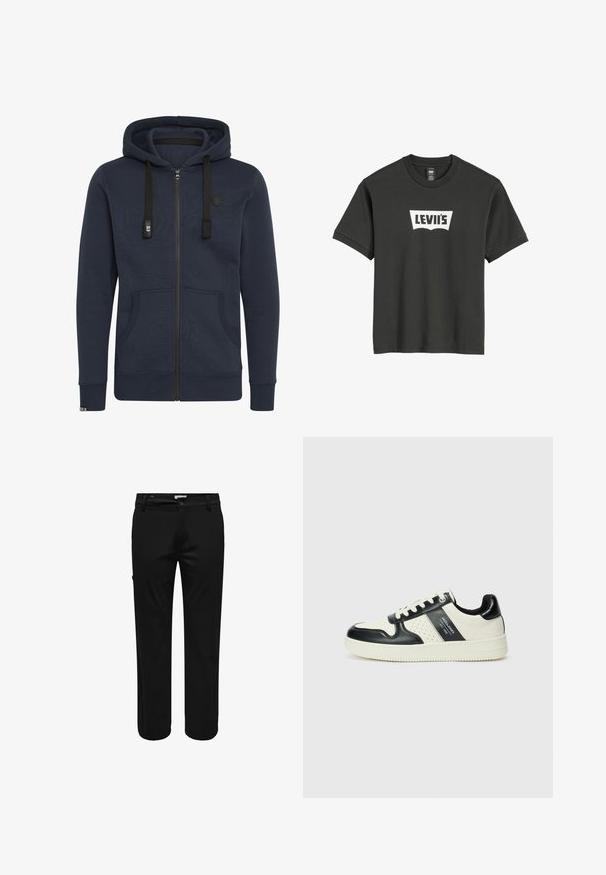 Hoodie zippé en bleu marine foncé, fabriqué en tissu doux ; il dispose d'une capuche, de cordons de serrage, de deux poches avant et de poignets côtelés.; T-shirt en coton noir avec un logo Levi's blanc dans un design courbé et entouré, centré sur la poitrine. Manches courtes et col rond.; Pantalon noir à coupe droite, avec fermeture par bouton, passants de ceinture et poches latérales. Le tissu a une texture subtile.; Baskets en cuir avec un schéma de couleurs noir et crème, dotées d'accents perforés, d'un col rembourré et d'une semelle texturée.
