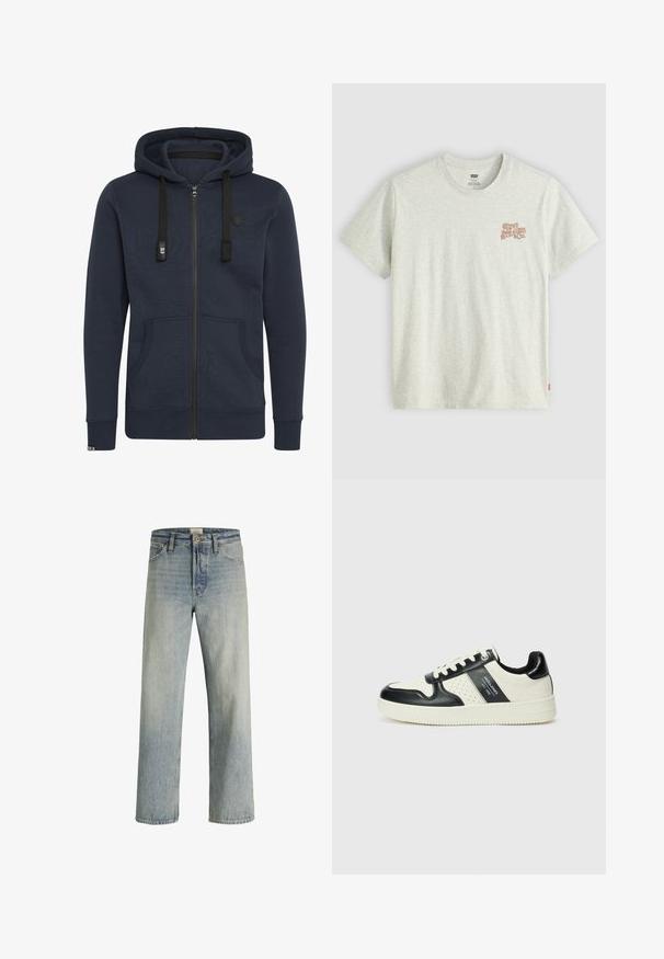 Tumedas tumes sinises kapuutsiga fliisjakis, mis on valmistatud pehmest kangast; sisaldab kapuutsi, nööre, kahte esi-taskut ja soonikuid käiste otsas.; Soehhi hallgray puuvillane t-särk, millel on vasakul rinnal väike punakaspruun "Levi Strauss & Co." logo, klassikaline kabiinikael ja lühikesed varrukad.; Heledad hall sinine teksad sirge jala ning kõrge taljega, kerge kulumisega. Omab viit taskut ja traditsioonilist nööbivärvi.; Nahatud nahkkingad musta ja kreemi värviskeemiga, millel on perforeeritud aktsendid, pehme krae ja tekstureeritud tallad.