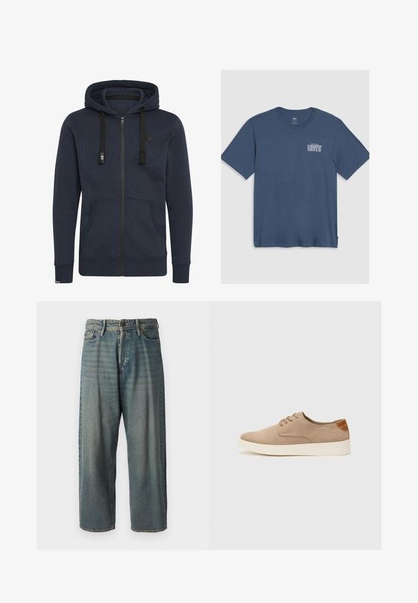 Zip-up hoodie in dark navy, made of soft fabric; features a hood, drawstrings, two front pockets, and ribbed cuffs.; Blue cotton t-shirt featuring a crew neck and short sleeves. A white "Levi's" logo is printed on the left chest area. Simple design.; Light blue denim jeans with a loose fit, mid-rise waist, and straight legs. Features five pockets, belt loops, and a button closure.; Beige suede sneakers with a rounded toe, lace-up front, and a textured back accent. White rubber sole provides contrast. Simple and modern design.