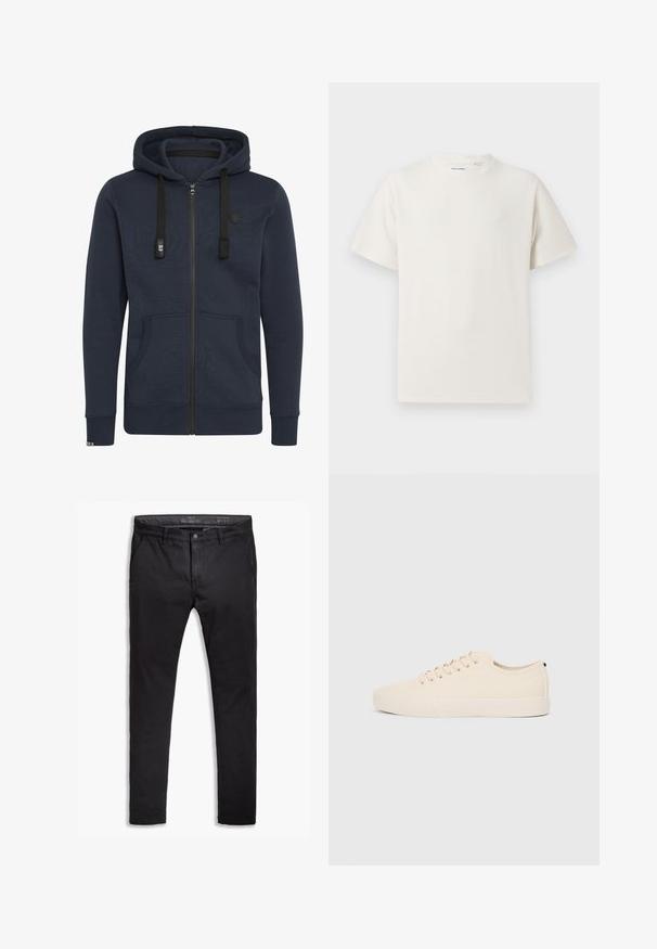 Felpa con zip di colore blu navy scuro, realizzata in tessuto morbido; presenta un cappuccio, cordoncini, due tasche frontali e polsini a costine.; T-shirt bianca a maniche corte in texture a coste. Girocollo, vestibilità rilassata, senza modelli o accenti visibili. Design semplice e versatile.; Chinos neri in cotone con vestibilità affusolata, dotati di cinque tasche, passanti per cintura e una superficie liscia. Chiusura con zip e bottone.; Sneaker in tela beige con punta rotonda, suola in gomma piatta e lacci sulla parte anteriore. Presenta un design minimalista e un accento nero a contrasto sul tallone.