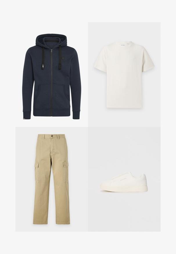 Tumedas tumes sinises kapuutsiga fliisjakis, mis on valmistatud pehmest kangast; sisaldab kapuutsi, nööre, kahte esi-taskut ja soonikuid käiste otsas.; Valge lühikeste varrukatega T-särk ribakudumises. Ümar kaelus, mugav lõige, nähtavad mustrid ega aksessuaarid puuduvad. Lihtne ja mitmekesine disain.; Beige cargos, mis on valmistatud puuvillast, sisaldavad kahte küljetaskut, nööbiga sulgemist ja sirgeid jalgu, millel on kergelt tekstureeritud kangas.; Valged libisemiskindlad tossud tekstuuriga pinnaga, paksu tallaga ja minimalistikus disainis. Küljel on brändi logo.