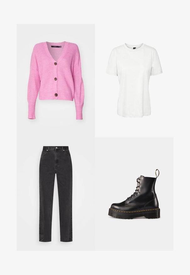 Vero Moda VMLEA V NECK CUFF CARDIGAN - Casaco de malha - pastel lavender; T-shirt branca de manga curta feita de algodão, com decote redondo e um corte descontraído. Textura suave e sem padrões ou adornos visíveis.; Jeans de ganga preta com pernas retas, cintura alta, com botão e fecho de correr à frente, e estilo de cinco bolsos, num fundo branco.; Botas de tornozelo em couro preto com atacadores, com uma sola robusta preta e costura amarela. Apresenta uma alça na parte de trás e ilhós metálicos circulares.