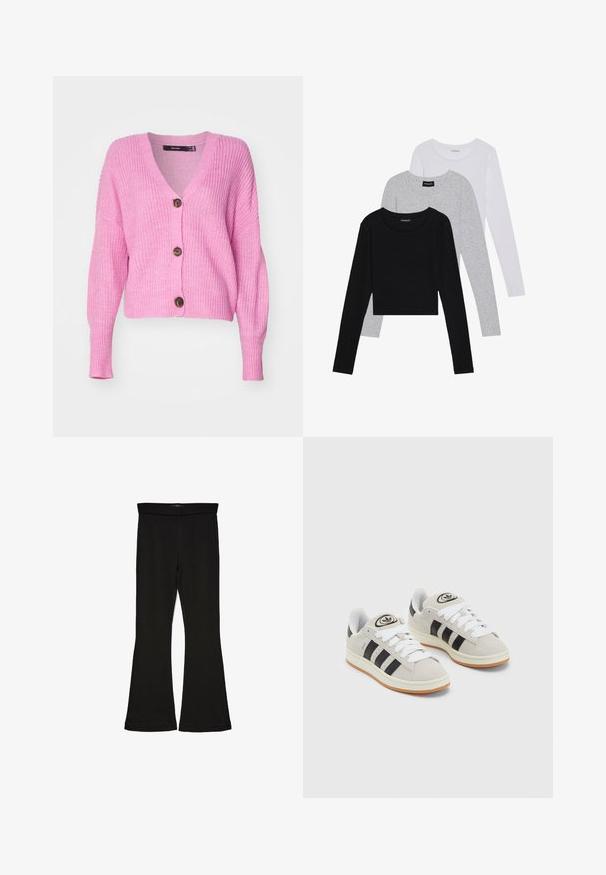 Vero Moda VMLEA V NECK CUFF - Kardigán - pastel lavender; Tričko s dlhým rukávom v troch farbách: čiernej, sivej a bielej. Každé má okrúhly výstrih a skrátený strih vyrobený z hladkej, ľahkej tkaniny.; Čierne legíny s flared strihom vyrobené z elastického materiálu. Majú široký pás a hladkú textúru, s priliehavým siluetom, ktorý sa na okraji rozširuje.; Sivé semišové tenisky s bielymi šnúrkami, čiernymi pruhmi a bielou gumovou podrážkou. Obsahujú okrúhly logo na jazyku a gumenú podrážku.