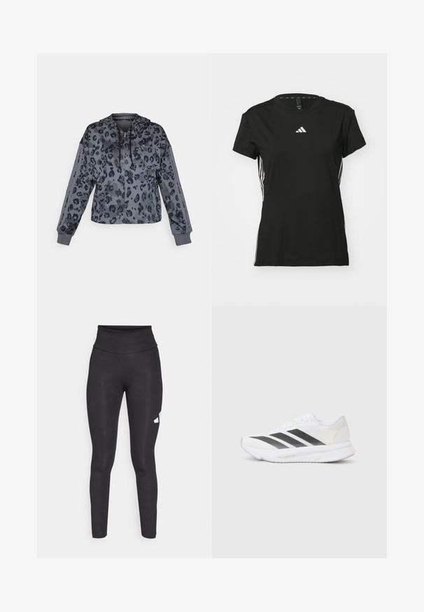 Izgriezts pelēks kapuci ar melnu leopardu rakstu, kuram ir aukliņas kapuce, rāvējslēdzēja aizdare un melni akcenti gar piedurknēm.; Melna sporta T-kreklu ar īsām piedurknēm, izgatavots no sintētiska materiāla. Tam ir mazs balts logo uz krūšu daļas un baltas svītras sānos.; Melnas augstās legingi, izgatavoti no gludas, elastīgas auduma, ar baltu logotipu kreisajā pusē. Pieguļoša forma bez rakstiem.; Baltas sporta apavs ar melniem diagonāliem svītrām, sieta augšdaļa, noapaļota purngalu forma un teksturēta zole. Akcenti ietver sudraba papēdi un minimālistisku dizainu.