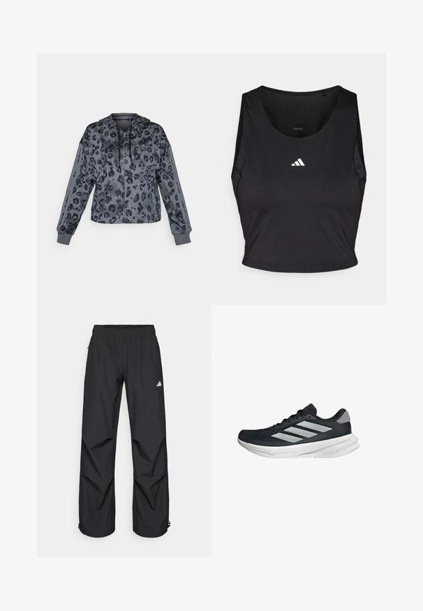 Szara cropped bluza z kapturem w czarny leoparda, z kapturem ze sznurkiem, zamek błyskawiczny oraz czarne akcenty wzdłuż rękawów.; Czarny sportowy crop top wykonany z tkaniny odprowadzającej wilgoć, z okrągłym dekoltem, bez rękawów oraz białym logo na klatce piersiowej.; Czarne, lekkie, wodoodporne spodnie z elastycznym pasem, bocznymi kieszeniami i regulowanymi mankietami. Posiadają białe logo na lewej udzie.; Czarny but biegowy z siateczkowym wierzchem, trzema srebrnymi paskami, białą podeszwą środkową i teksturowaną podeszwą zewnętrzną. Posiada wyściełany kołnierz i zapięcie na sznurówki.