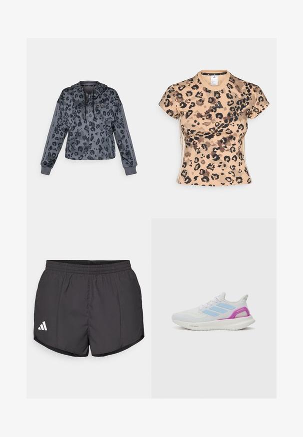Beskarvet grå hettegenser med svart leopardmønster, med snor i hetten, glidelås og svarte detaljer langs ermene.; adidas Sportswear TEE - T-shirts med print - multicolor/warm sandstone; Svart treningsshorts laget av lett materiale, med elastisk midje og en hvit Adidas-logo nederst til venstre.; adidas Performance PUREBOOST 5 - Løpesko for vei - white/glow blue/purple burst