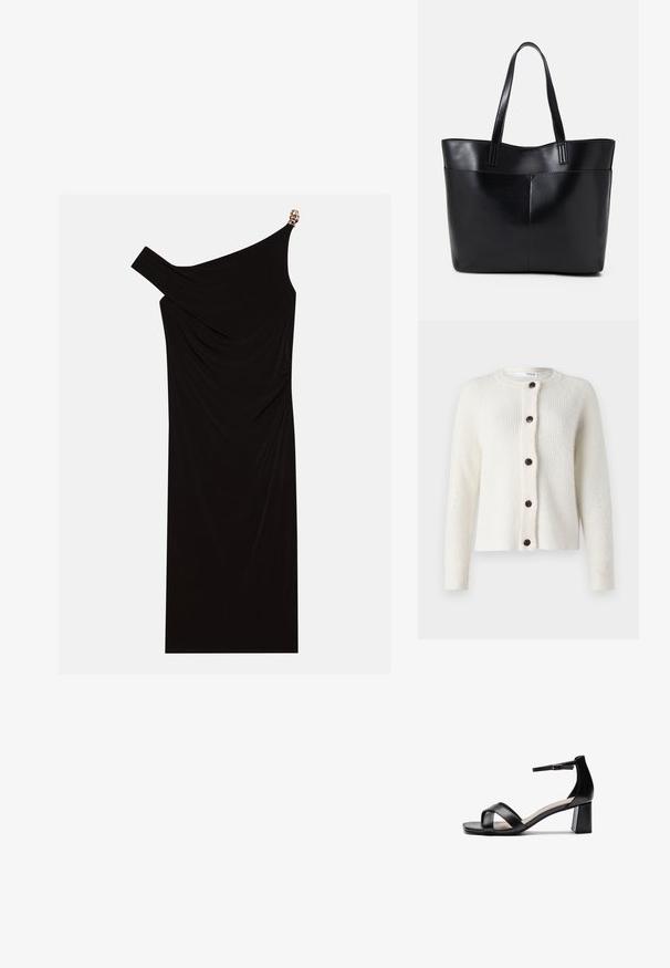Cardigã branco, texturizado, com decote redondo, sete botões escuros na parte da frente e detalhes canelados nas mangas e no corpo.; Vestido preto de um ombro, feito de tecido drapeado, com um detalhe dourado no ombro, textura suave e design até ao joelho.; Sandália de salto alto preta, com ponta aberta, tiras cruzadas, tira de tornozelo ajustável e um salto robusto, apresentando uma textura de pele lisa.; Bolsa tote preta em couro com duas alças longas, textura suave e forma estruturada. Apresenta um bolso frontal para armazenamento adicional.