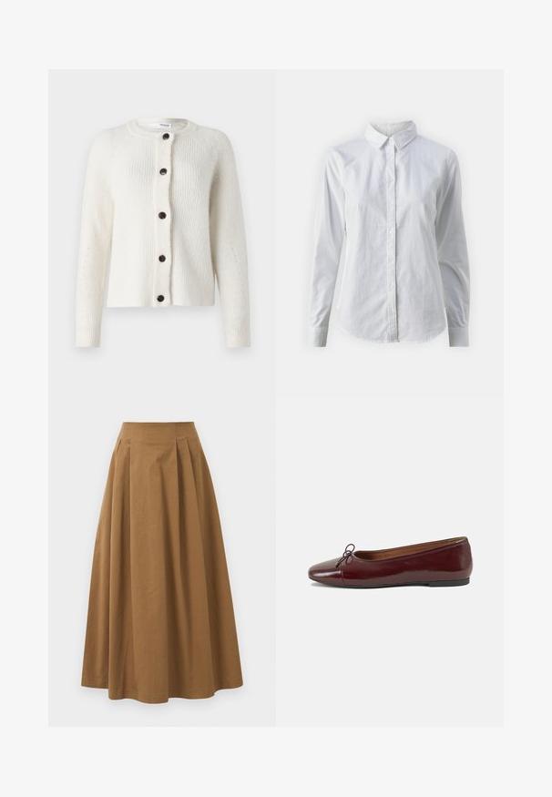 Bílý texturovaný cardigan s kulatým výstřihem, sedmi tmavými knoflíky na přední straně a žebrovanými detaily na rukávech a těle.; Bílá košile na knoflíky vyrobená z hladké bavlny, s klasickým límcem, dlouhými rukávy a zakřiveným spodním lemem. Knoflíky jsou malé a bílé.; Hnědá bavlněná sukně ve stylu A s vysokým pasem, se sklady na přední straně a hladkou texturou. Lemování je čisté a jednoduché.; Burgundské lakové baleríny s kulatou špičkou, malou mašlí vpředu a nízkou černou gumovou podrážkou. Hladký povrch.