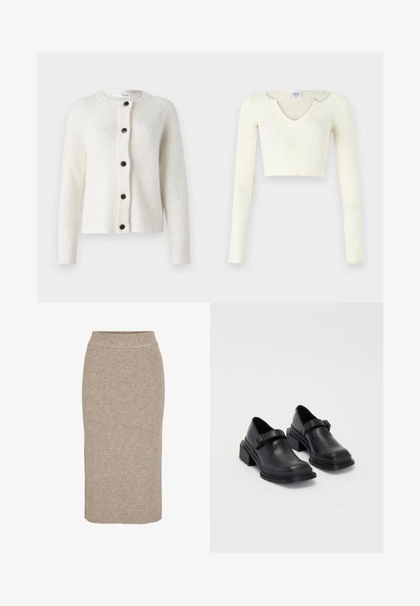 Fehér, textúrált kardigán kerek nyakkivágással, hét sötét gombbal az elején és bordás részletezéssel a ujjakon és a testen.; Off-white kötött anyagú crop top. Hosszú ujjak, bordás textúrával és kis kivágásokkal a nyakkivágás körül.; Kötött ceruzaszoknya világos bézs színben, bordázott textúrával, magas derekú és slim fit fazonnal. Szegélye a térd alatt ér véget.; Fekete bőr cipők lekerekített orral, lapos talppal és csattal díszített pánttal. Masszív blokk talp a megnövelt stabilitásért.