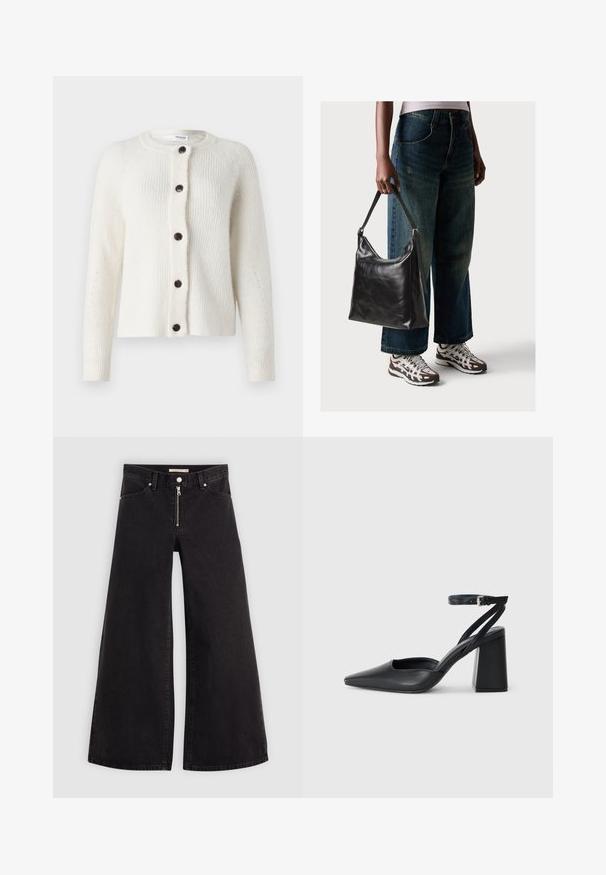 Valge, tekstuuriga kardigan ümmarguse kaelusega, ees seitsme tumeda nupuga ja soonikdetailidega varrukatel ja kehabei.; Mustmust särk, mis on valmistatud puuvillast, lühikeste varrukatega, valge pika varrukaga kihi peal, millel on peene tekstuuriga muster. Ümar kaelus.; Laiad teksad mustast denimist, millel on lukuga eesmine osa, viie taskuga disain ja peened õmblusdetailid. Sile tekstuur ja juhuslik stiil.; Mustmustest must-käigukingad, millel on konksuga nöör ja paks konts. Ühtlane tekstuur, stiilne disain ja minimalistlik esteetika.; Must musta õlakott, millel on sile tekstuur ja reguleeritav rihm, koos pleekinud laia jalgadega teksade ja sportlike tossudega.