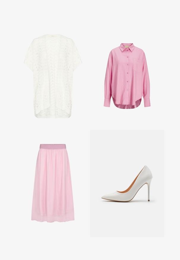 Bijela pletiva kardigan s zig-zag uzorkom, slobodnog kroja, kratkih rukava i s niskim stražnjim rubom. Tkanina je lagana i teksturirana.; Svijetlo ružičasta košulja s dugim rukavima, ovratnikom, jednim džepom na prsima i blago zakrivljenim rubom. Tkanina izgleda mekano.; Ružičasta tila suknja s mekim, prozirnim dizajnom. Ima elastičnu teleskopsku traku i lepršav silueta, stvarajući slojeviti efekt.; Bijele lakirane cipele na visokom petu s uskim vrhom i tankim štiklama, s glatkom teksturom i bež unutrašnjošću.