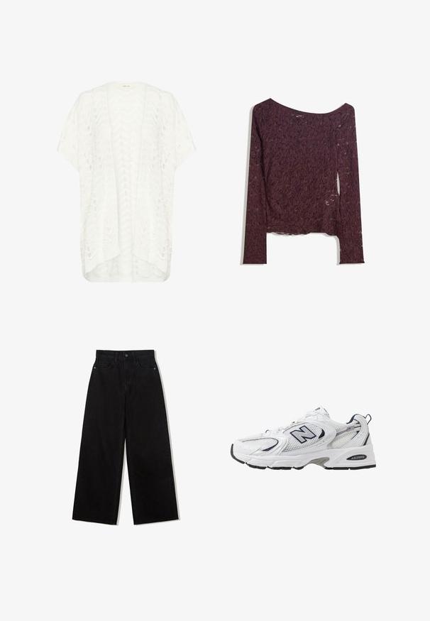 Bijela pletiva kardigan s zig-zag uzorkom, slobodnog kroja, kratkih rukava i s niskim stražnjim rubom. Tkanina je lagana i teksturirana.; Dugi čipkasti top s dugim rukavima u dubokoj burgundiji, s dizajnom bez ramena, cvjetnim uzorcima i lagano prozirnom teksturom s ravnim rubom.; Crne, široke traperice visokog struka, s pet džepova i jednim gumbom za zakopčavanje sprijeda.; Bijela atletska cipela s mrežastim gornjim dijelom, mornarskim akcentima i podstavljenim potplatom. Sadrži "N" logo, vezice i teksturirani detalj sa strane.